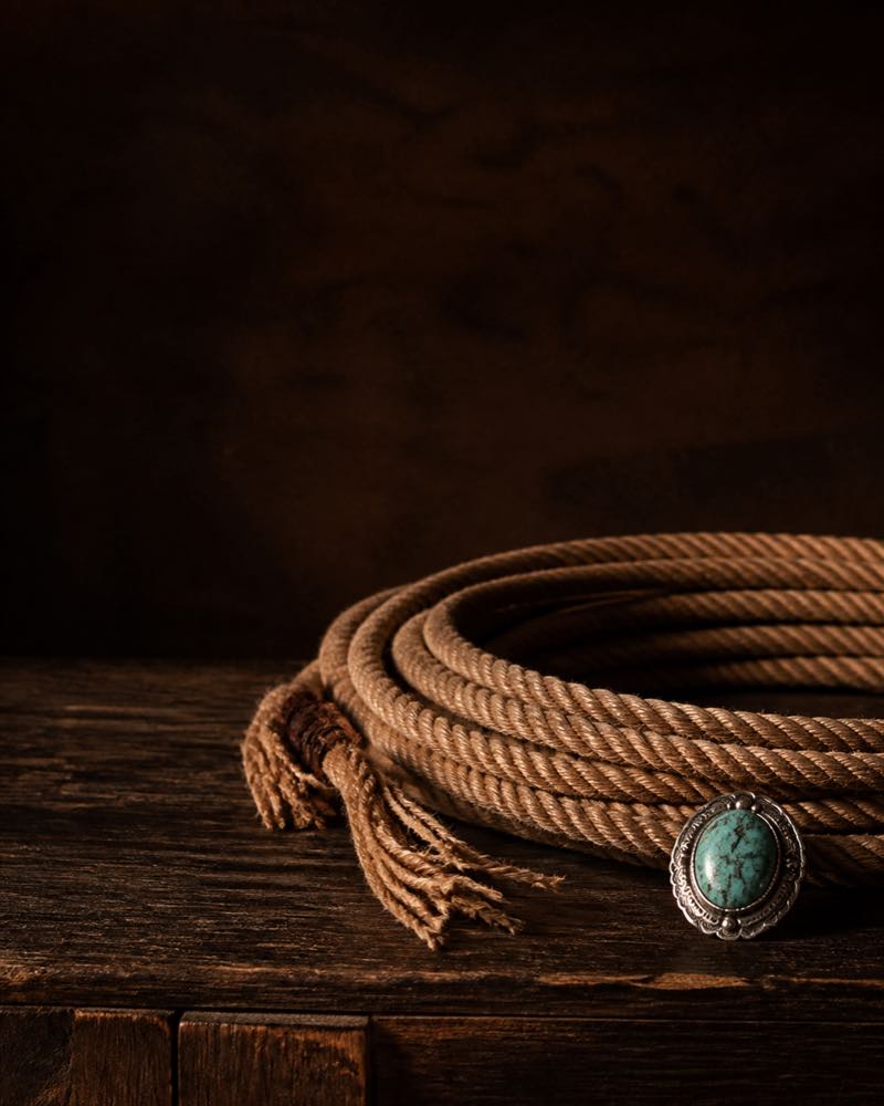 Coiled rawhide ranch rope and turquoise stone on weathered wood